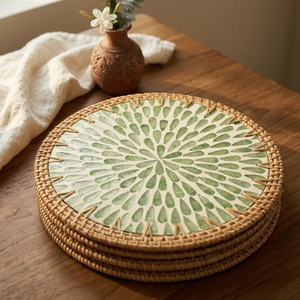Handcrafted Bohemian Mother of Pearl inlay Wicker Rattan Round <b>Placemats</b> <b>Table</b> <b>Placemats</b> <b>for</b> Dining & Home - Product Image 2