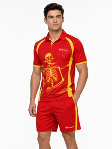Ensemble de polos pour hommes à imprimé squelette rouge et jaune, séchage rapide, tenue sportive d'été avec logo sur le devant, ensembles de polos pour hommes en vente - Product Image 3