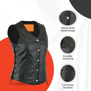 Gilet en cuir pour femme, sans manches, doublure polyester, couleur unie avec poches, service OEM - Product Image 3