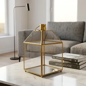 Irregular <b>Brass</b> <b>Lantern</b> with Glass Panels and Candle Holder Handmade Artisan Design for Wedding Table Decoration - Product Image 3