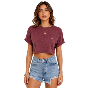 T-shirt court décontracté pour femme, coupe ample, inspiré du style vintage, avec poches, en jersey de coton, finition lisse - Product Image 1