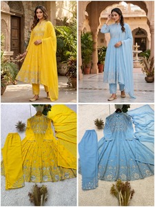 Traje Anarkali de Georgette con Bordado de Lentejuelas Amarillas, Dupatta, Diseño de Alta Costura para Fiestas y Bodas, Top y Pantalón, Sin Arrugas, Protección Solar - Product Image 3