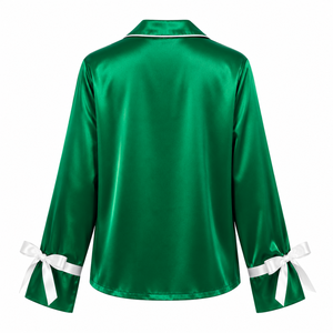 Iota Phi Lambda Women's Satin Pajama <b>Set</b> Long Sleeve Button-Up Embroidered Two <b>Piece</b> Sleepwear Green With <b>White</b> Trim Lounge <b>Set</b> - Product Image 3