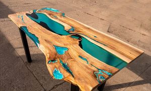 Table à manger rectangulaire en bois massif époxy avec bord naturel - Design moderne durable fait main pour atelier/hôpital - OEM/ODM disponible - Product Image 2