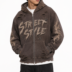 เสื้อฮู้ดดี้โอเวอร์ไซส์สีน้ำตาลสไตล์วินเทจ ซิปหน้า ยูนิเซ็กส์ สตรีทแวร์ ผ้าคอตตอนหนา พิมพ์ลายกราฟิก ประดับคริสตัล แขนยาว ใส่สบายๆ ในฤดูหนาว - Product Image 3