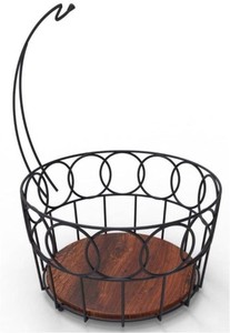 Panier de rangement en fil métallique noir avec poignées, organisateur rustique pour pain, fruits et légumes de cuisine avec base en bois - Product Image 5