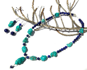 Collier de perles en pierres précieuses naturelles turquoise et lapis-lazuli, ensemble de bijoux bohèmes en argent sterling pour femmes et unisexe, troisième marque - Product Image 3