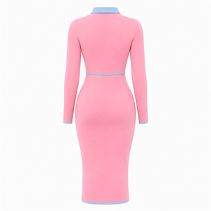Robe moulante mi-longue rose pour femme Gamma Phi Delta avec col polo contrastant bleu clair, fermeture éclair quart de tour, manches longues, coupe ajustée, robe décontractée - Product Image 4