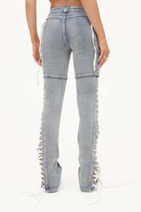 Lace Wide Leg Breathable Casual Women Mid Waist Baggy Denim Flared Leg <b>Jeans</b> Patchwork Detail Light Wash - Product Image 2