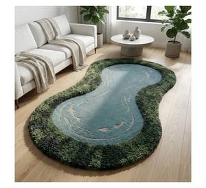 Alfombra de Lana Hecha a Mano con Diseño de Estanque de Peces, Forma Irregular, Efecto 3D, para Sala de Estar Estilo Zen, 100% Lana, Forma Orgánica Irregular - Product Image 2