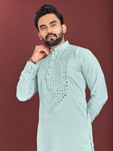 Kurta brodé jaune moutarde pour homme avec churidar blanc pour les occasions de mariage, tenue traditionnelle indienne et pakistanaise, coupe classique - Product Image 5