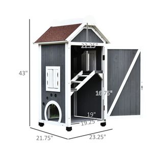 Casetta per Gatti a 3 Piani in Legno 43H, Condo per Gattini da Esterno, Motivo Grigio e Bianco, Tetto in Asfalto Rettangolare, Porte di Fuga, Scale, Grande Villa - Product Image 3