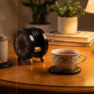 Juego de Té de Madera Artesanal para 6 Tazas, Negro y Dorado, Arte Naqshi, Elegante, Duradero, de Lujo, Regalo Perfecto - Product Image 1