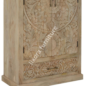 Luxury Handcrafted Solid Wood 2 Door <b>Wardrobe</b> Ornate Floral Mandala Carving Natural Mango Finish - Product Image 3