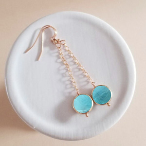 Boucles d'oreilles pendantes en forme de pièce de monnaie en aquamarine, pierre précieuse naturelle bleu clair, plaqué or rose, bijoux faits à la main pour femmes - Product Image 2