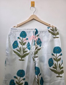 Women Floral Hand Block Printed Cotton Breathable Winter Pajama Set Elegant White Long Sleeve Button-<b>Down</b> Nightwear Shirt - Product Image 3
