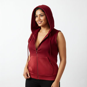 Gilet à capuche zippé sans manches pour femme, sur mesure, en mélange de coton de qualité supérieure, coupe régulière, élégant, prix de gros - Product Image 3