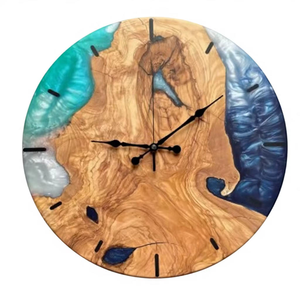 Horloge murale ronde moderne en résine époxy bleue à grain de bois, simple face, à suspendre, pour salon, thème fruits et nourriture - Product Image 1