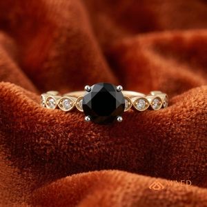Gold Plated Black Moissanite Cut Engagement <b>Ring</b> for Women Prong Halo Accent Wedding Band Unique Bridal Jewelry Gift Party - Product Image 4