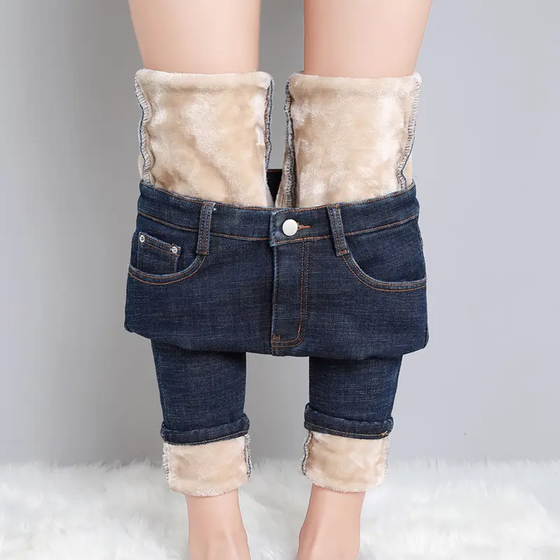 Winter Inside Fuzzy Plüsch Dick Warm Draußen Tragen Sie hoch taillierte Röhrenjeans Warm halten Fitness Frauen Jeans