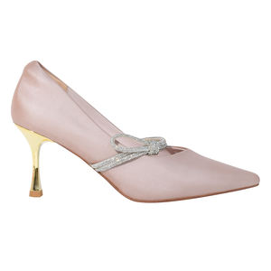 Zapatos de Tacón para Novia de Ann'S, Zapatos de Fiesta con Punta en Pico, Tacón Delgado de 7.5cm, Tira Única, Tela Jacquard Color Oro Rosa, Decorados con Pedrería - Product Image 5