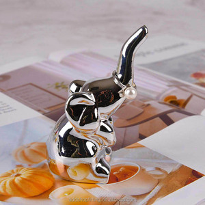 Soporte de anillo de cerámica de gato animal plateado para exhibición de tienda - Product Image 4