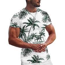 T-shirt pour homme à motif palmier tropical - Tee-shirt d'été géométrique abstrait, haut graphique vibrant pour la plage, style resort vert sarcelle et corail - Product Image 3