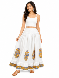 Heritage <b>White</b> Garment Women Vintage Rose Print Tiered <b>Maxi</b> Bottom Smocked High Waistband Gathered Ruffle Layered Outwear - Product Image 6