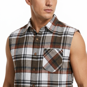 Camisa de Franela a Cuadros sin Mangas para Hombre al por Mayor, con Cuello Abotonado, Informal, de Algodón, para Otoño, Camisetas sin Mangas Personalizadas para Hombre - Product Image 5