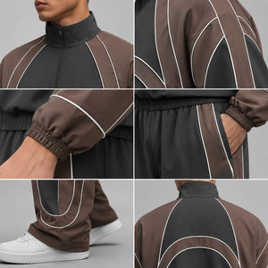 Conjunto Deportivo de Dos Piezas para Hombre, Diseño Curvo, Estilo Urbano, con Paneles en Contraste Gris Oscuro, Marrón y Blanco, Cierre Completo, Corte Holgado - Product Image 4