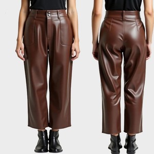 กางเกงหนังสีน้ำตาลทำมือเอวสูงทรงขากว้างแบบครอป - Product Image 4