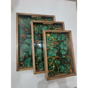 Ensemble de plateaux de service en bois de manguier faits à la main, vert sauge, or, motif floral émaillé, plateaux décoratifs en bois pour le petit-déjeuner avec poignées - Product Image 2