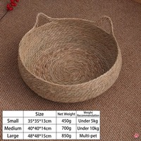 Panier-lit pour chat en paille tressée naturelle, respirant, avec griffoir en herbe de laitue, nid rafraîchissant d'été rond avec poignées en forme d'oreilles mignonnes