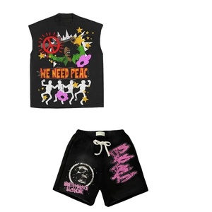 Tendance en gros Logo personnalisé ou vierge en détresse lavage à l'acide ourlet brut sans manches débardeur court et ensembles de shorts ensemble de shorts pour hommes - Product Image 5