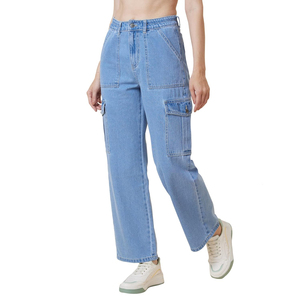Women Denim Cargo Pants High Waisted Wide Leg Jeans Light Wash Multi Pocket Loose Utility Denim Trousers Lady - Product Image 6