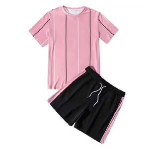 Wholesale Price Mens Striped T Shirt And Shorts Two Piece Outfit Breathable Training Gym Activewear Performance Matching <b>Set</b> - Product Image 1