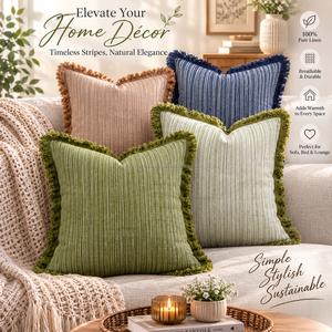 100% Pure Linen Olive Green Striped Cushion <b>Cover</b> with Fringe Edge Decorative <b>Throw</b> Pillow <b>Cover</b> Luxury <b>Sofa</b> Cushion <b>Cover</b> - Product Image 6