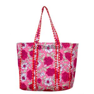 Eco-Friendly Women's Hand-Block Striped Cotton Quilted Tote <b>Bag</b> <b>Long</b> Handle Bohemian Style Everyday Shopping Groceries - Product Image 6