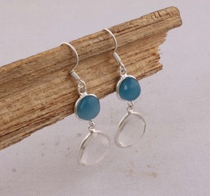 Boucles d'oreilles pendantes en calcédoine bleue naturelle et quartz cristal, argent sterling 925, facettées, multi-pierres, faites à la main, vente en gros - Product Image 2