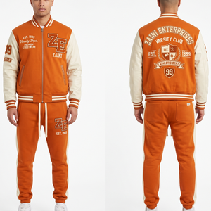 450 GSM Premium Cotton Fleece Men Varsity Tracksuit Orange Off White Contrast Panels Chenille <b>Embroidery</b> Screen Print Custom Log - Product Image 1
