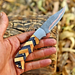Couteau de poche pliant artisanal en acier Damas cuivré, manche en bois, étui en cuir, couteau de survie pour l'extérieur, Skinner Knives Pasha Enterprises - Product Image 2