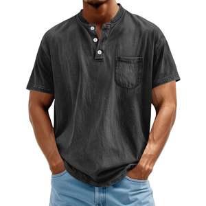 เสื้อยืดเฮนลีย์ผู้ชาย ผลิตตามแบบ OEM พร้อมโลโก้ ผ้าฝ้าย 100% 180 GSM ทรงวินเทจย้อนยุค ล้างสีแบบแอซิดวอช แขนสั้น สีพื้น สไตล์ลำลอง - Product Image 6
