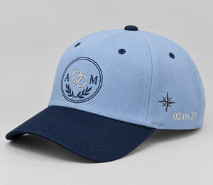 Custom <b>Wedding</b> Five Panel Cap Light Blue Crown Navy Visor Embroidered Couple Initials Rings Date Premium Cotton Twill Headwear - Product Image 3