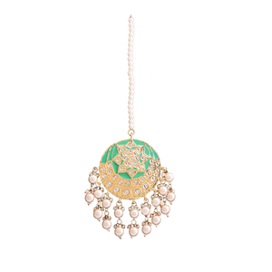 Cadena floral Kundan india para mujer, Maang Tikka chapada en oro con piedras de esmeralda, venta al por mayor, estilo bohemio - Product Image 1