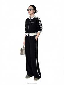 ONETEN <b>Women</b> <b>Black</b> White Color Block Tracksuit Set Turtleneck Zipper Jacket Wide Leg <b>Pants</b> Sporty Loose Fit Lightweight - Product Image 4