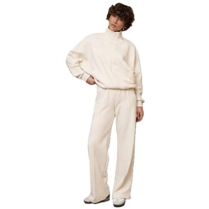 Chándal de algodón color crema para mujer, cuello alto, cierre de cremallera, corte holgado, informal, color liso, con bolsillos laterales, para primavera - Product Image 1