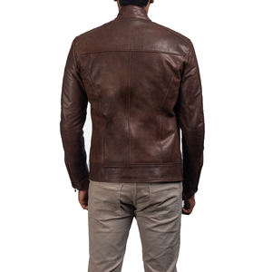 Veste en cuir véritable marron vintage imperméable pour homme, coupe ajustée, col montant, style motard, décontractée, zippée, fabrication OEM - Product Image 5
