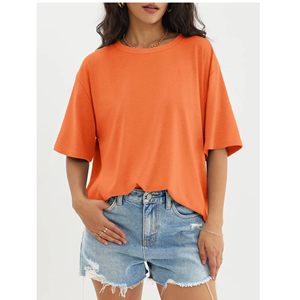 Camiseta Oversize Naranja para Mujer, Hombros Caídos, Corte Holgado, Color Sólido, Cuello Redondo, Manga Corta, Transpirable, Algodón Jersey, Primavera Verano - Product Image 6