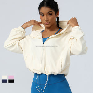 Haut de sport à capuche en polyester pour femme, idéal pour la course à pied, l'entraînement, décontracté, zippé, court, à capuche - Product Image 2