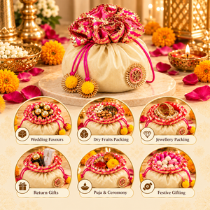 Sac Potli Shagun traditionnel indien avec pompons dorés pour cadeaux de mariage, cadeaux festifs, Puja et paquet de fruits secs - Product Image 4